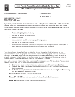 Florida Annual Resale Certificate for Sales Tax