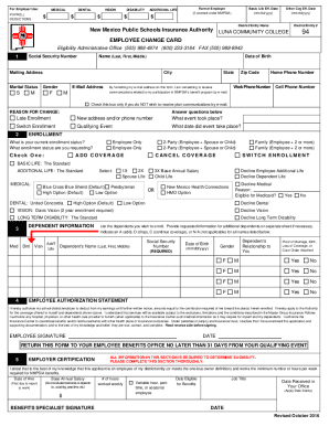New Mexico Public Schools Insurance Authority Employee Change Card