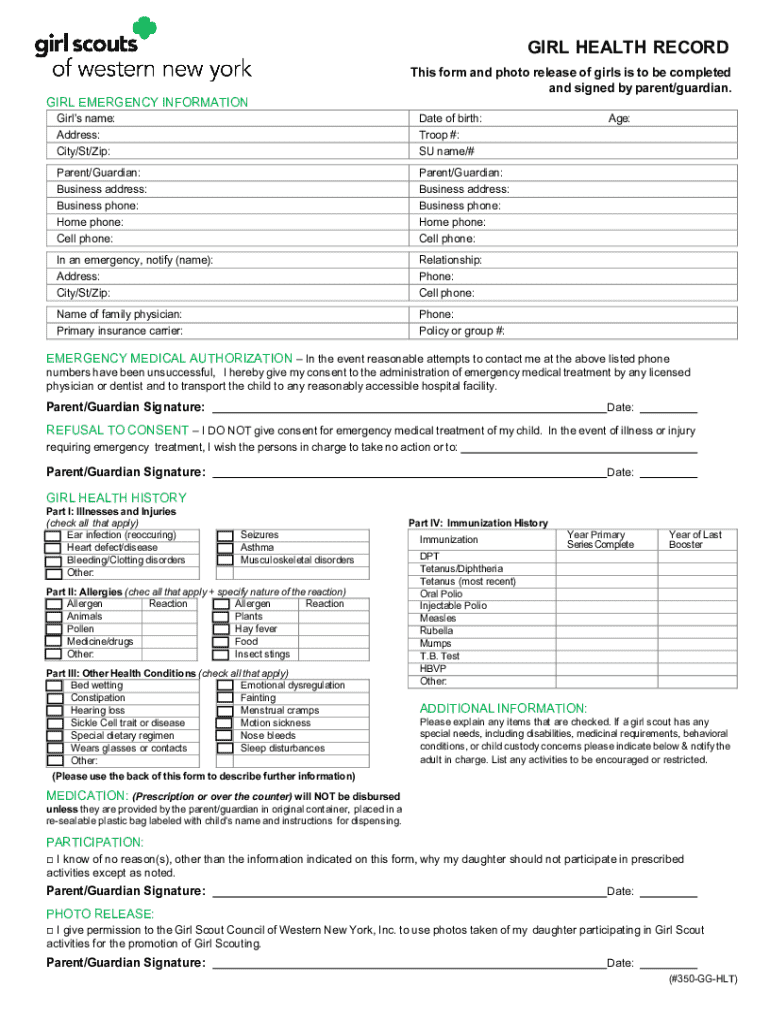 Girl Health Record and Emergency Authorization Form - Blank Fillable ...