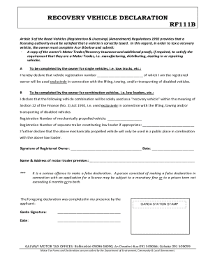 Recovery Vehicle Declaration Form RF111B