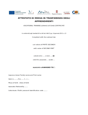 Vocational Training Learning Outcomes Certificate