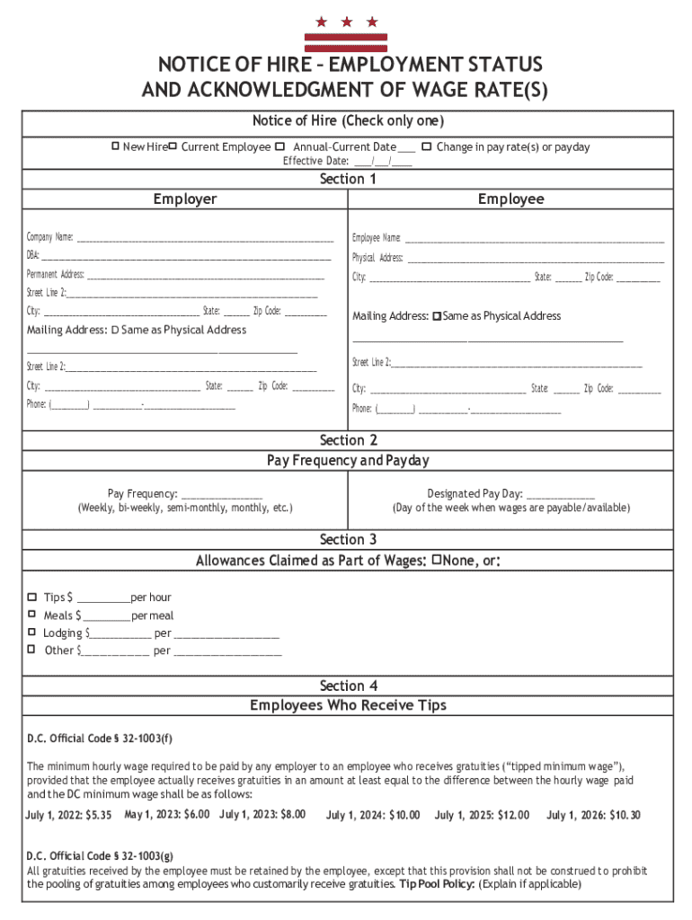Notice of Hire – Employment Status and Acknowledgment of Wage Rate ...