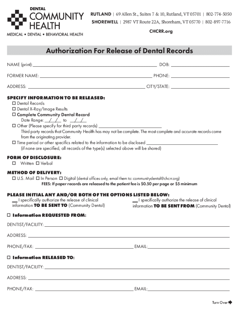 Authorization For Release of Dental Records - Blank Fillable Template ...