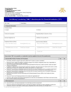 Anti-Money Laundering Questionnaire for Financial Institutions