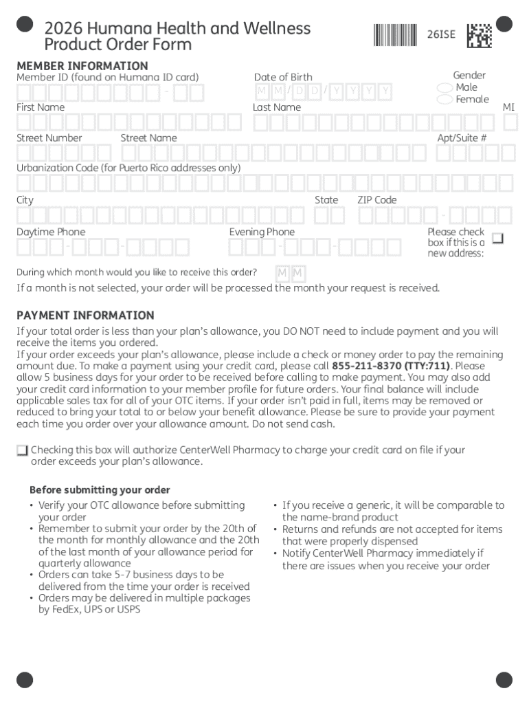 2026 Humana Health and Wellness Product Order Form - Blank Fillable ...