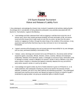 218 Sports Baseball Tournament Waiver and Release of Liability Form