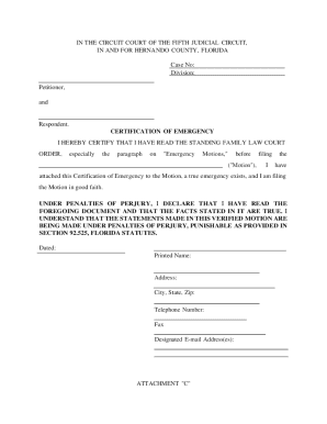 Florida Certification of Emergency for Family Law