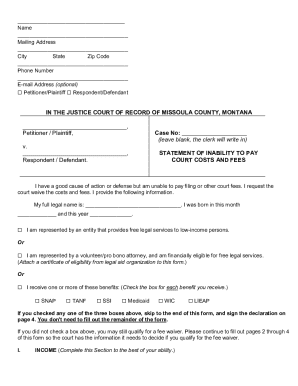 Montana Statement of Inability to Pay Court Costs and Fees