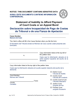 Texas Statement of Inability to Afford Payment of Court Costs or an Appeal Bond