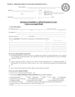 Texas Statement of Inability to Afford Payment of Court Costs