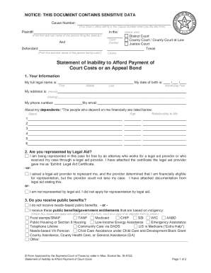 Texas Statement of Inability to Afford Court Costs