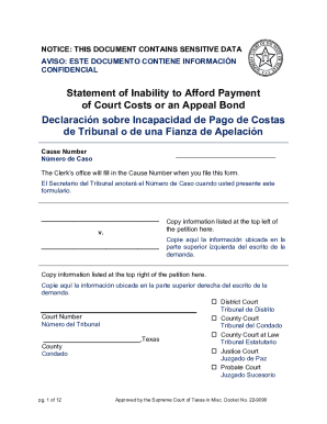 Texas Statement of Inability to Afford Payment of Court Costs or an Appeal Bond