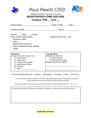 Pewitt CISD Afterschool Centers of Education Program Registration Form 2025-2026