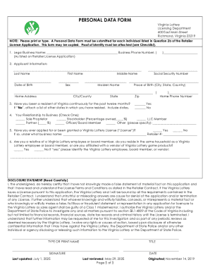 Virginia Lottery Retailer License Personal Data Form