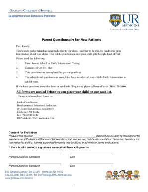 Parent Questionnaire for New Patients