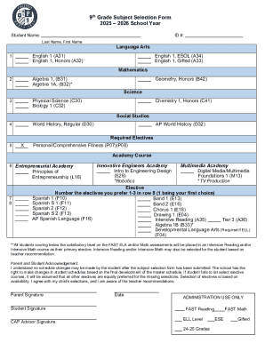 9th Grade Subject Selection Form