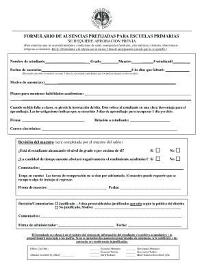 Preapproved Absence Form for Elementary Schools