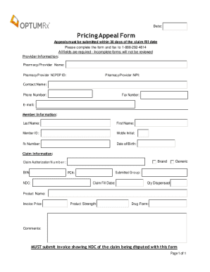 Pricing Appeal Form