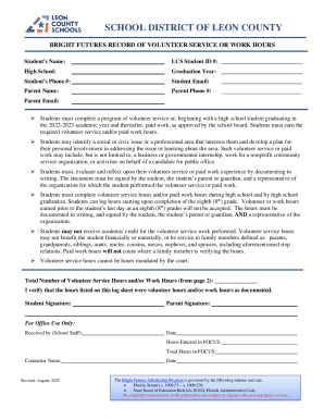 Bright Futures Volunteer Service Record