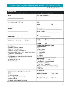 Physical Therapy Health & Wellness Intake Form