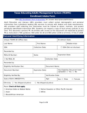 Texas Adult Education Enrollment Intake Form