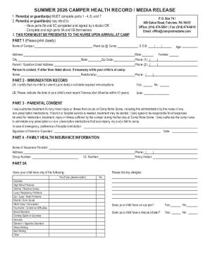 Summer Camper Health Record and Media Release