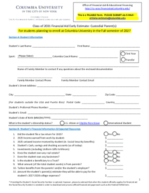 Columbia University Financial Aid Early Estimate Form