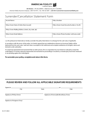 Surrender/Cancellation Statement Form