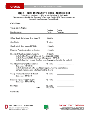 Ohio State University 4-H Club Treasurer’s Book Score Sheet
