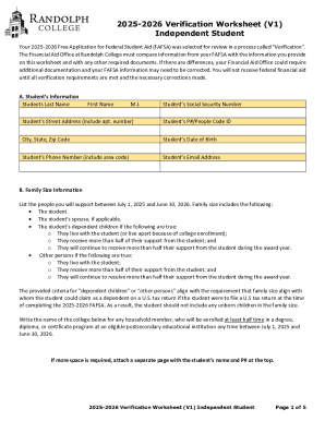 2025-2026 Verification Worksheet Independent Student