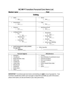 NC MFP Transition Personal Care Items List