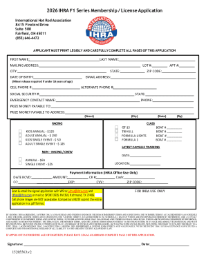 2026 IHRA F1 Series Membership License Application