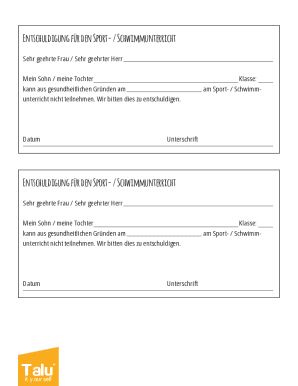 Entschuldigung fr Sport- / Schwimmunterricht