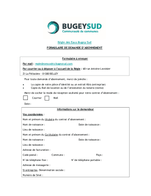 Régie des Eaux Bugey-Sud Subscription Application Form