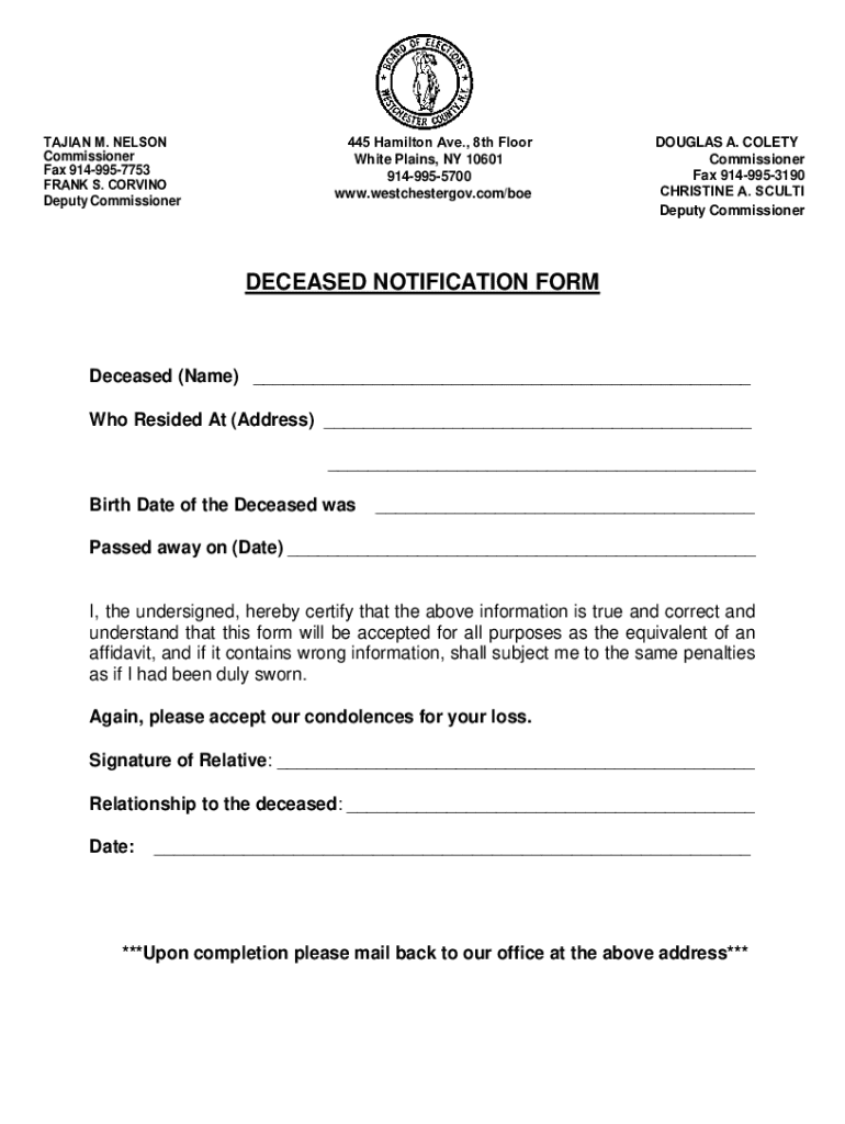 Fillable Online Deceased Notification Form- English. Deceased ...