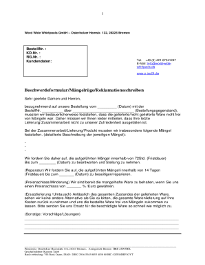 Complaint Form for Defective Goods