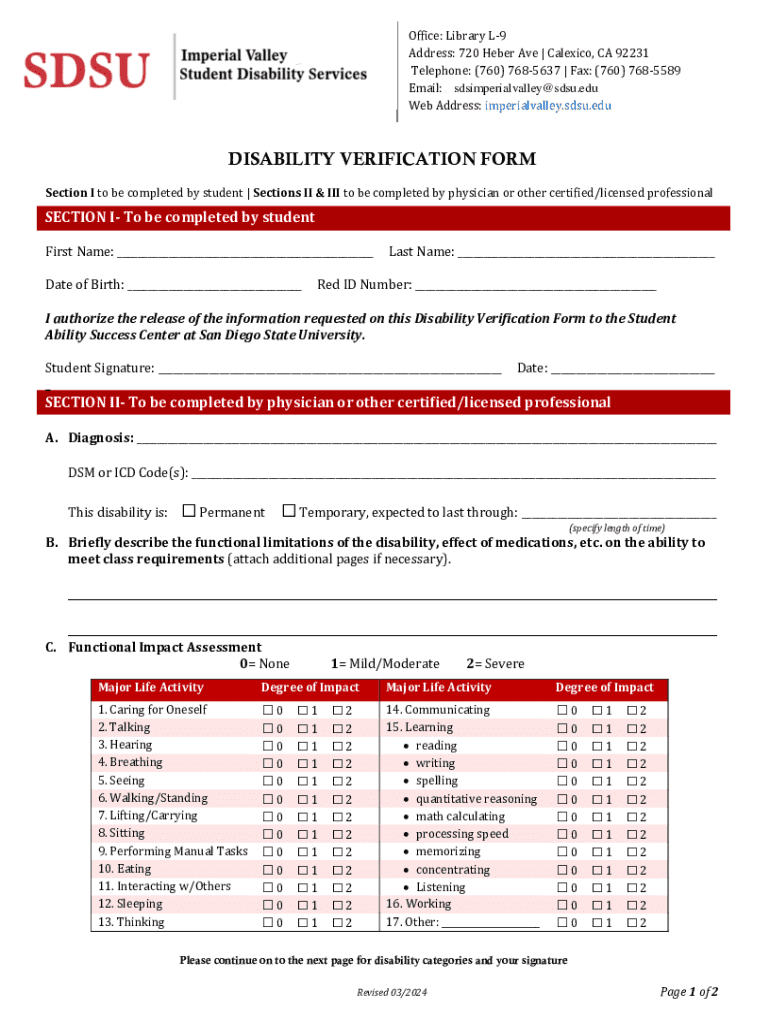 Disability Verification Form - Blank Fillable Template | Fill Out ...