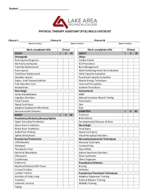 Physical Therapy Assistant Skills Checklist