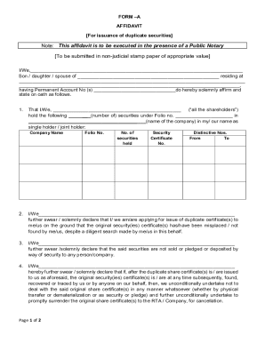 Affidavit for Duplicate Securities