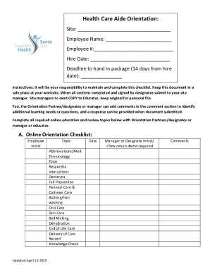 Health Care Aide Orientation Checklist