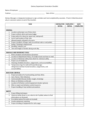 Dietary Department Orientation Checklist