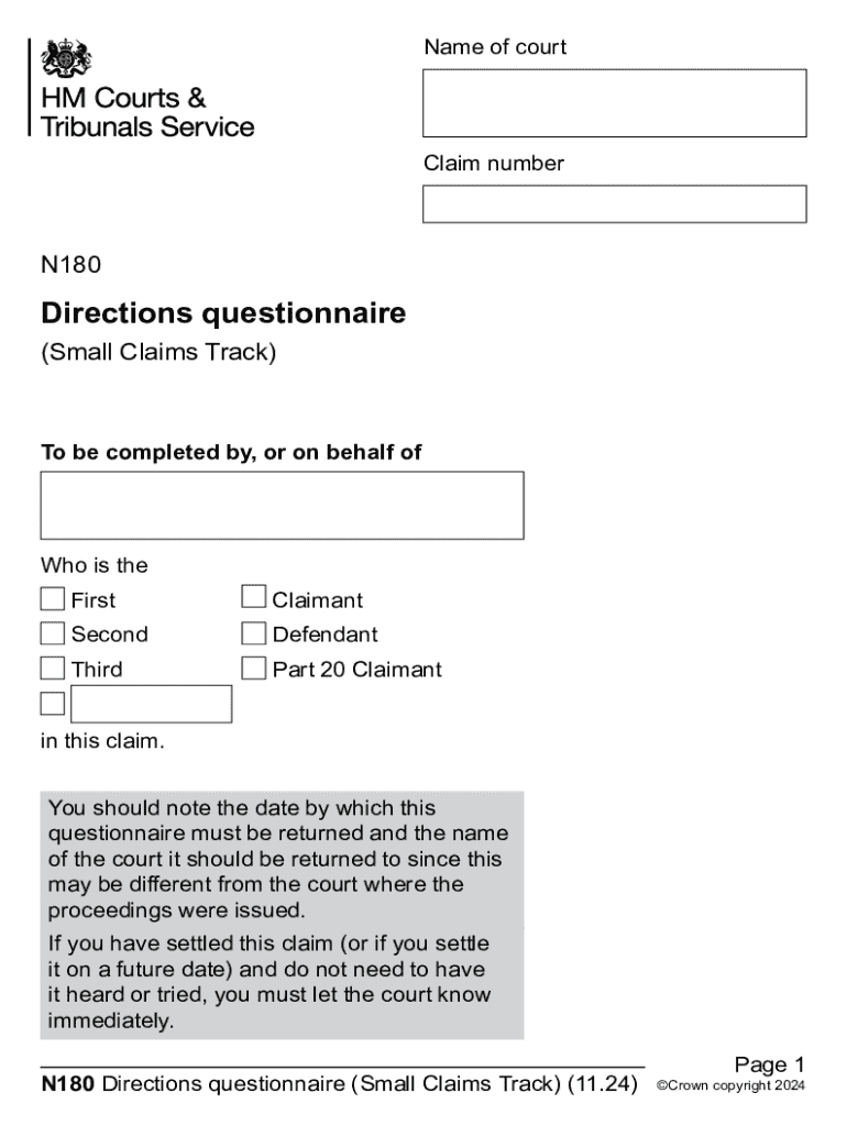 N180 Directions Questionnaire Small Claims Track - Blank Fillable ...