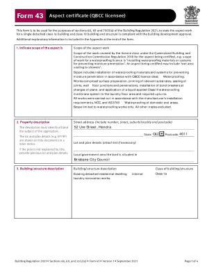 Form 43 Aspect Certificate (QBCC Licensee)