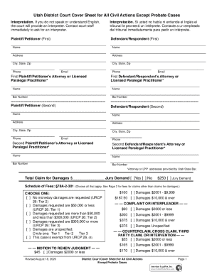 Utah District Court Civil Action Cover Sheet
