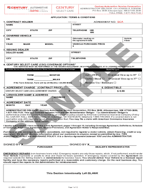 Century Select Care Vehicle Service Agreement