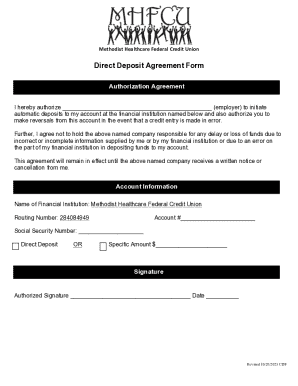 Methodist Healthcare Federal Credit Union Direct Deposit Agreement