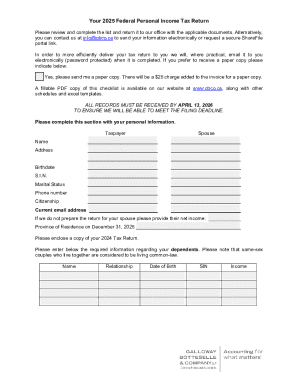 2025 Federal Personal Income Tax Return Checklist
