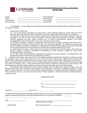Subcontractor Certification Partial Lien Waiver and Release
