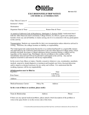 Excursion Field Trip Notice and Medical Authorization