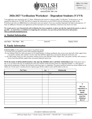 2026-2027 Verification Worksheet – Dependent Students